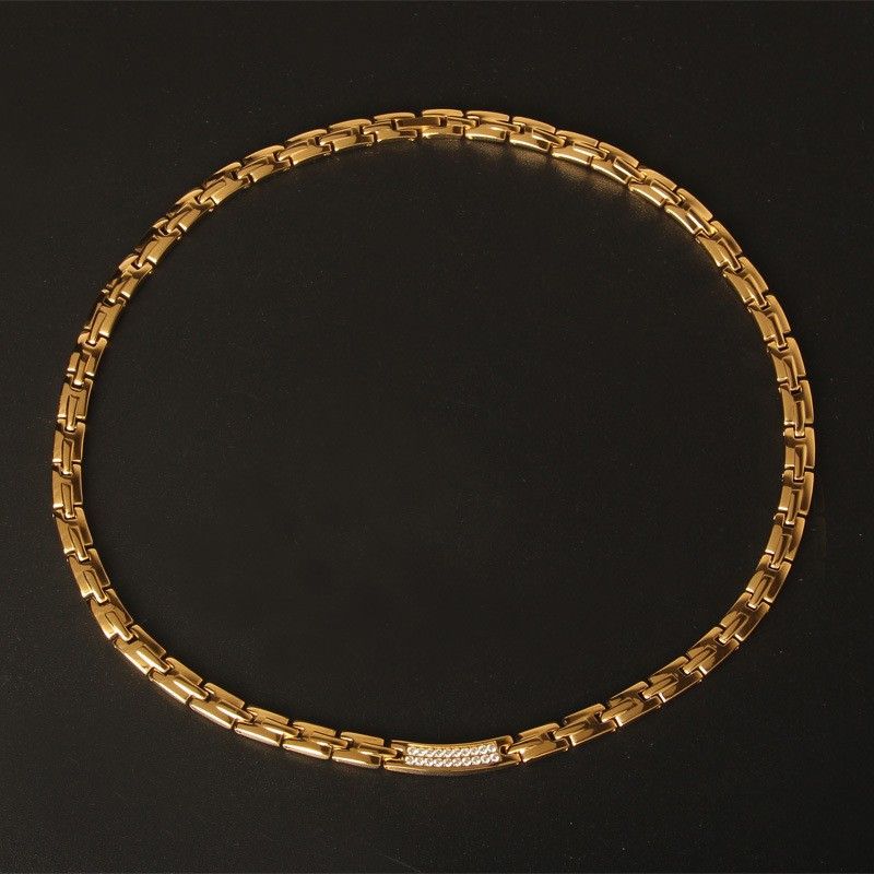 Simple And Fashionable Double Row Inlaid Diamond Titanium Magnetic Therapy Stainless Steel Necklace_voghion.com