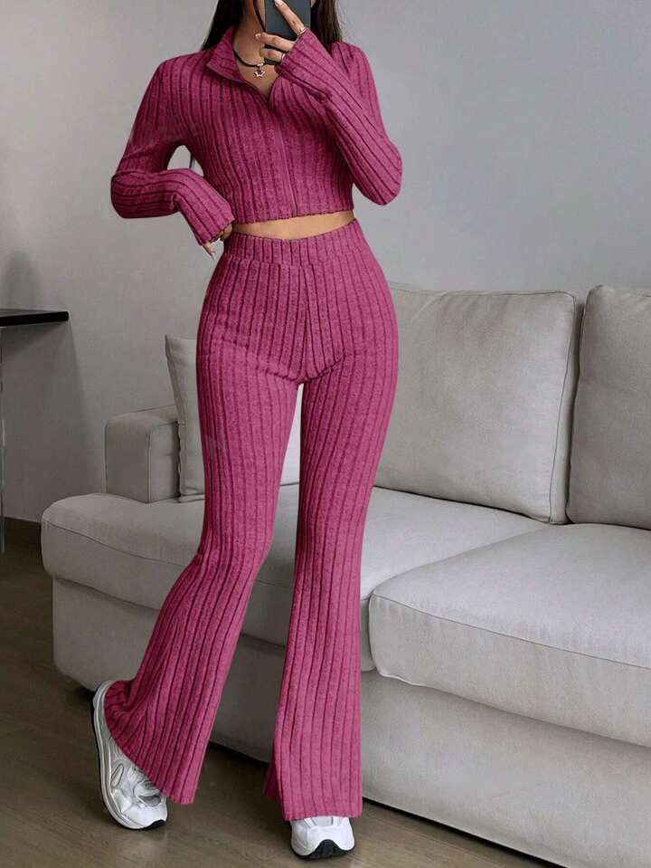 Fashion Solid Color Ribbed Two Piece Set Zipper Long Sleeve Crop Top And High Waist Flared Pants Set Women's Casual_voghion.com