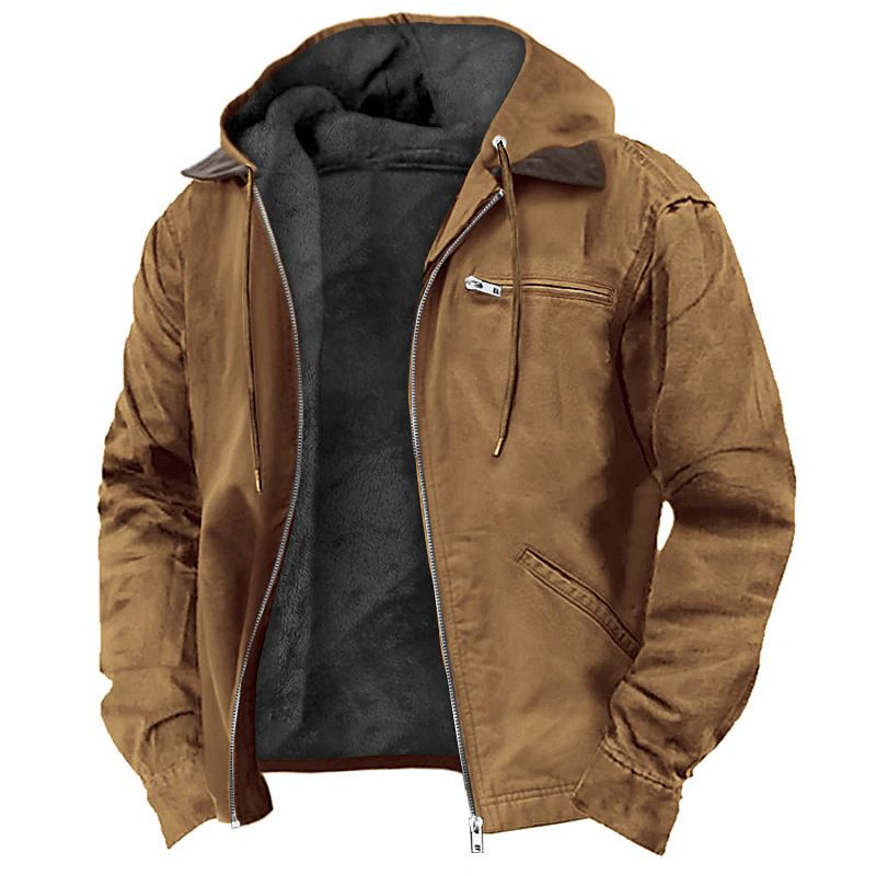 Giacca casual da uomo in cotone con cappuccio, foderata in pile, con tasca con cerniera, tinta unita_voghion.com