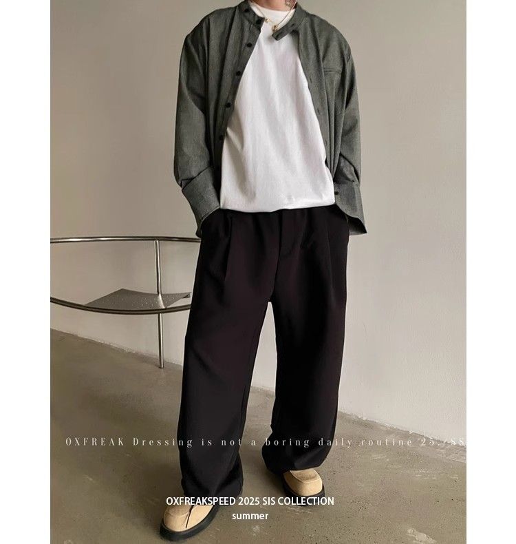 Pantaloni larghi da uomo, bianchi, a pieghe singole, in tessuto antirughe e drappeggiato, stile casual, Lao Qianfeng_voghion.com