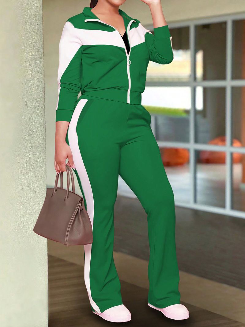 Spring Autumn Women's Fashionable Comfortable Color-Block Sports Style Zipper Jacket And Casual Long Pants Two-Piece Set_voghion.com
