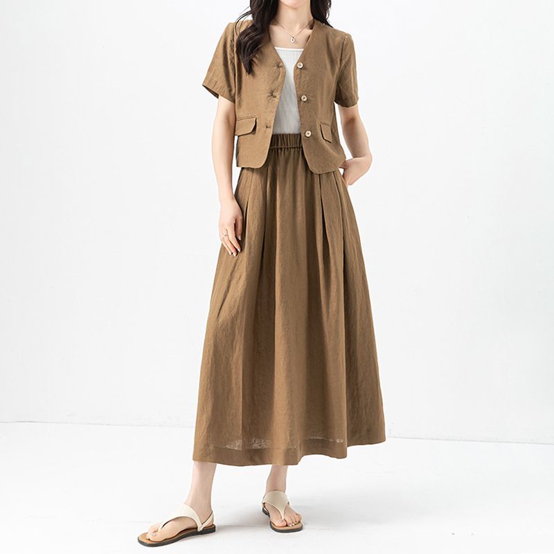 Xinge Linen Old Money Relaxation Set Women's Summer Casual Loose Short Sleeve Jacket Show Thin Skirt_voghion.com