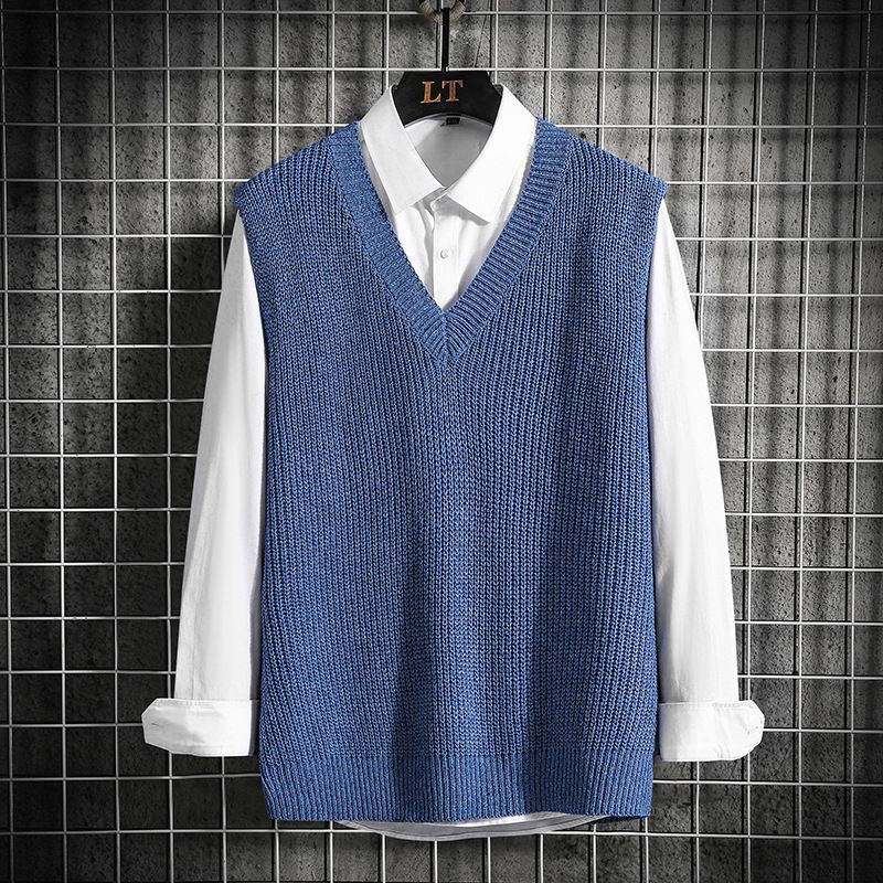 Herrenweste, gestrickt, Herbst- und Winteroberbekleidung, trendiger ärmelloser V-Ausschnitt, lockerer College-Stil, Pullover für Männer_voghion.com
