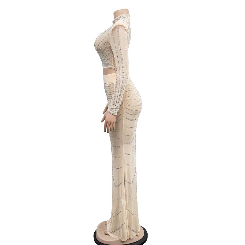 Completo abito a maniche lunghe in rete trasparente e strass – Elegante abito da sera in due pezzi con sovrapposizione decorata (nero/blu/rosso/carne/bianco, dalla S alla XXL)_voghion.com