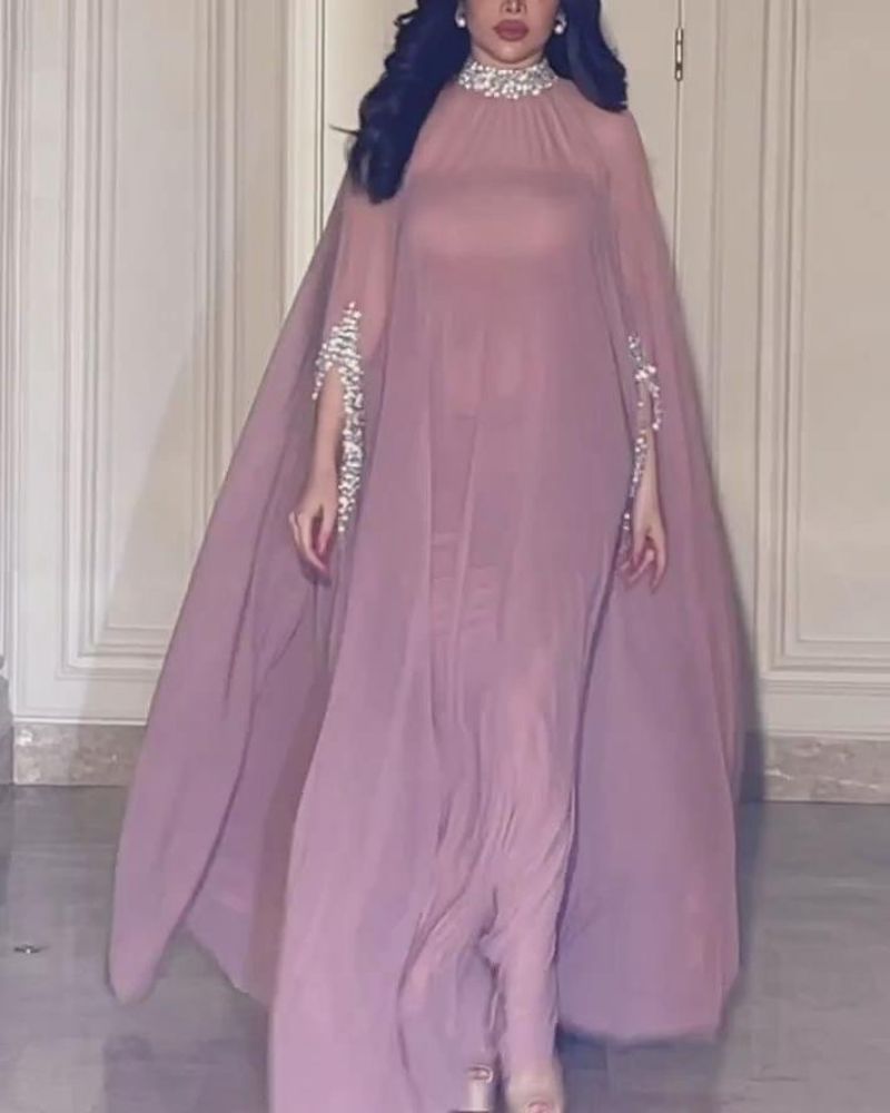 Women's Clothing spring and summer elegant sexy cloak sequined chiffon banquet evening dress two-piece set_voghion.com