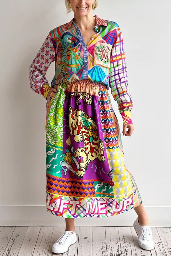 Vêtements pour femmes nouvelle personnalité graffiti décontracté ensemble deux pièces chemise à manches longues en satin imprimé + jupe_voghion.com