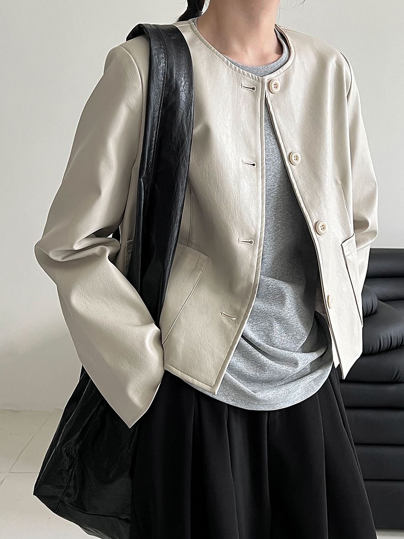 Dames slim fit PU leren jas met enkele knoopsluiting - Koreaanse stijl cropped bikerjack voor de herfst, casual en veelzijdige bovenkleding_voghion.com