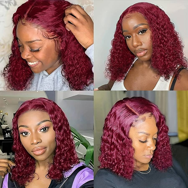 13*4 lace human hair hood 100% human hair water wave perm curly hair burgundy suitable for daily dressing_voghion.com