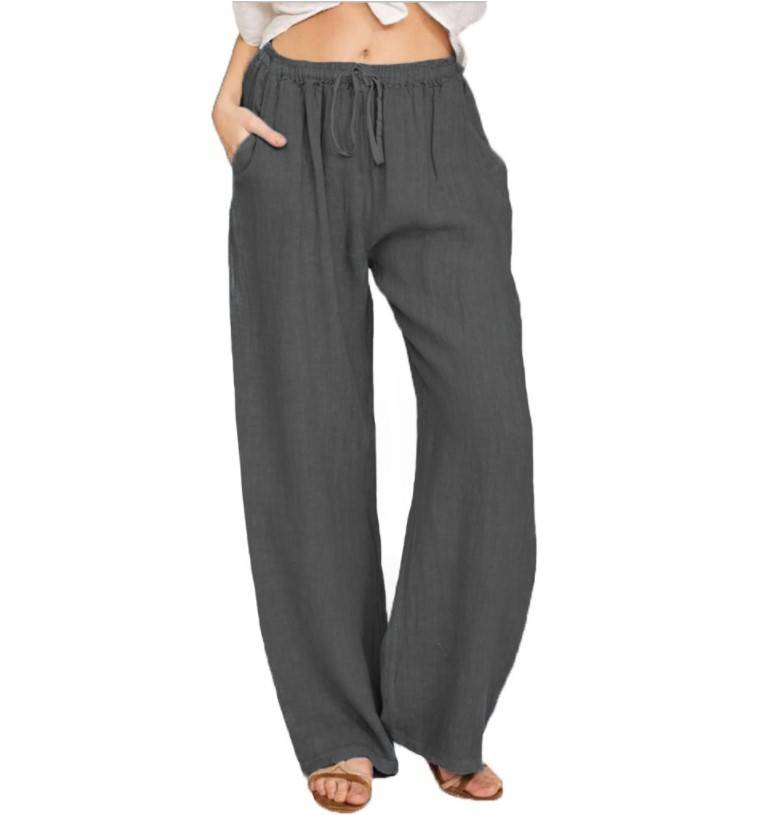 Women's Cotton Linen Pants Casual Loose Solid Elastic Waist Pocket Straight Trousers Ladies Oversize Wide Leg Pant Streetwear_voghion.com