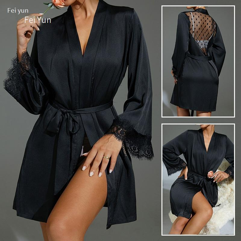 Peignoir de bain en soie pour homme, chemise de nuit, pyjama mi-long, maille à pois, épissure de soie glacée, vêtements de maison_voghion.com