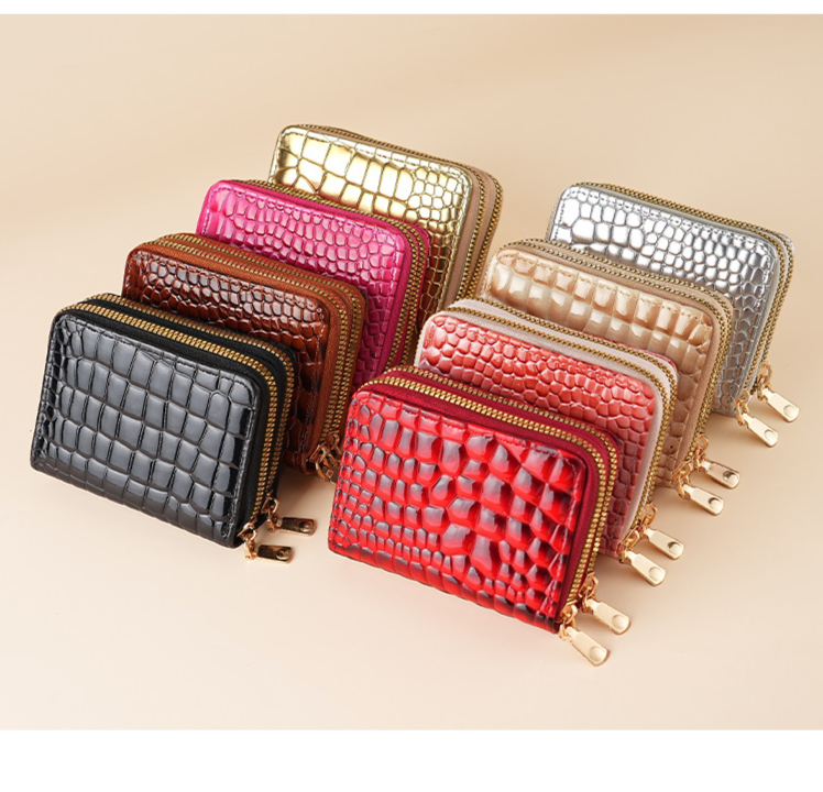 Card Bag Card Cases Crocodile Pattern Solid Color Accordion Double Zipper Card Holder Fashionable Multi Card Slot Large Capacity Zipper Coin Purse_voghion.com