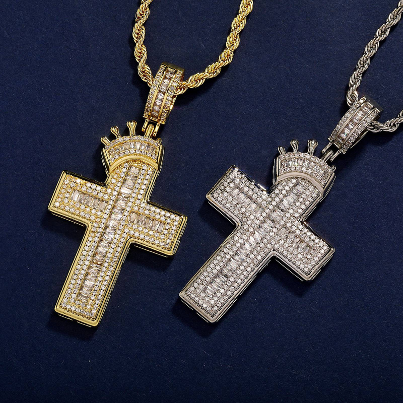 Gioielli da uomo e da donna - Collana con ciondolo a forma di croce e corona hip hop con zirconi cubici, catena intrecciata alla moda per strati eleganti (misure 24")_voghion.com