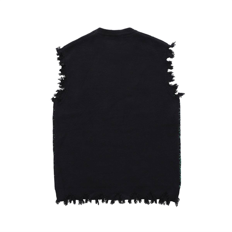 Unisex Distressed Knit Vest – Oversized Streetwear Sleeveless Sweater (M-XXL, Raw-Edge Detailing, Acrylic Jacquard, Layering Essential For Fall)_voghion.com