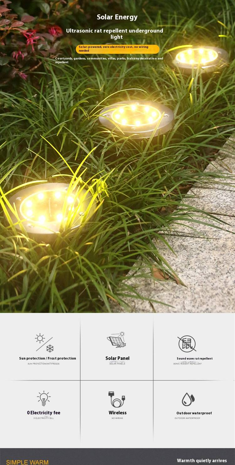 Zonne-energie aangedreven 8LED ultrasone knaagdierwerende grondlamp - waterdichte buitenverlichting voor tuin en gazon (warm wit/koel wit)_voghion.com