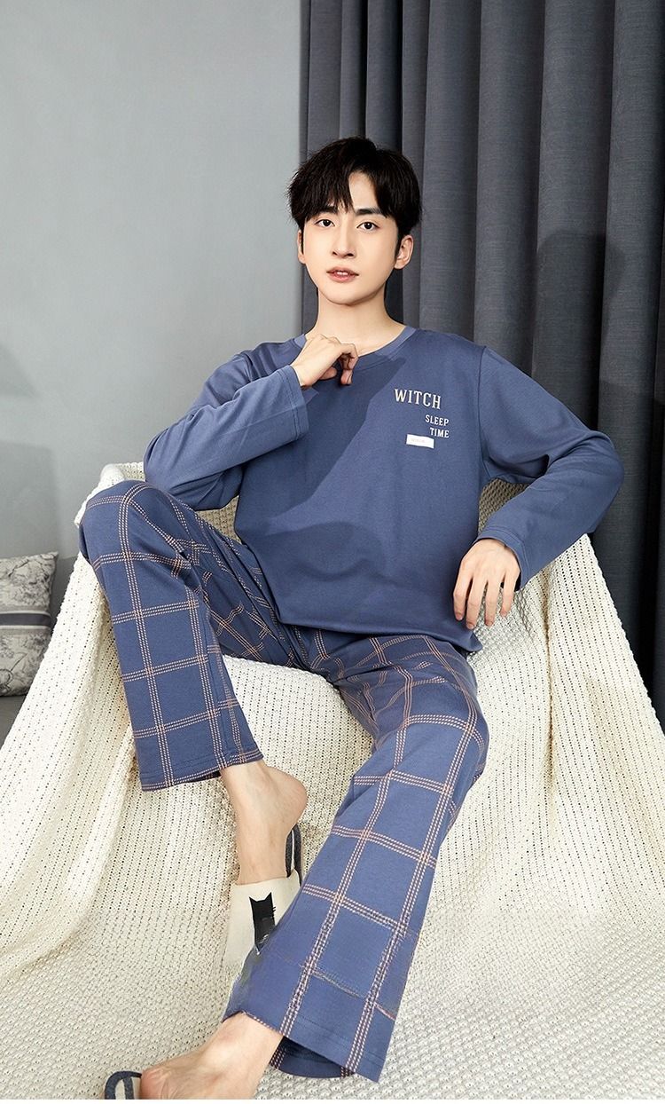 Pajamas Men In Autumn, Cotton Pullover, Long Sleeved, Loose Fit, Plus Size, Men's Home Suit For Autumn_voghion.com