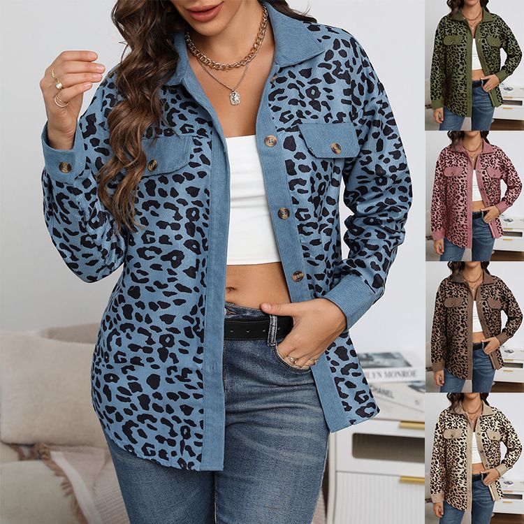 Women's Corduroy Leopard Print Jacket - Oversized Button-Up Long Sleeve Coat With Pockets (Multiple Colors, S-XXXL)_voghion.com