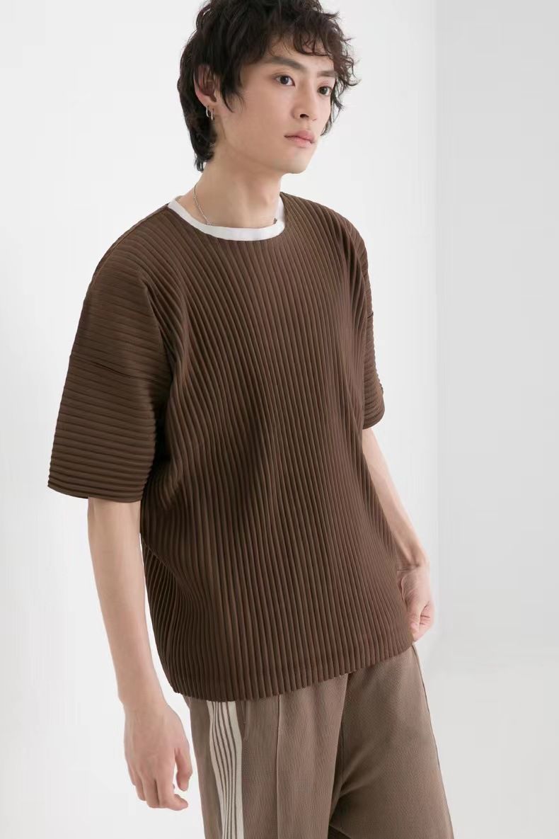 T-shirt décontracté à manches courtes et col rond pour homme, style maison, plissé, ample, tendance, JK020_voghion.com