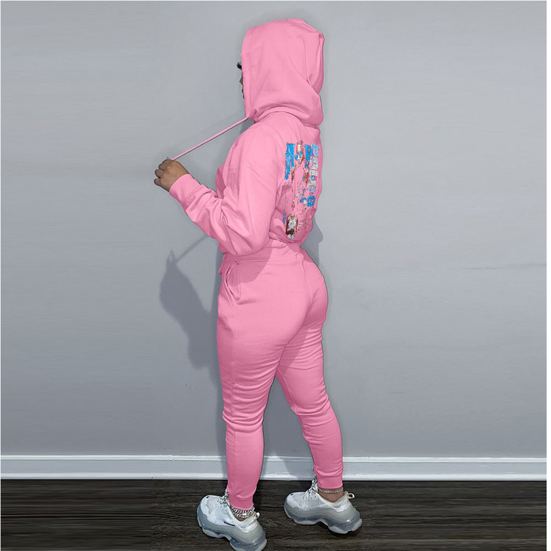Tuta casual da donna stampata con cappuccio in pile Felpa con cappuccio in due pezzi_voghion.com