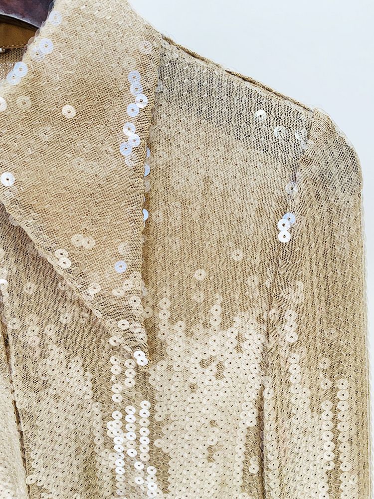 Ropa de mujer, moda estrella, mangas trompeta divididas, camisa de malla con cuentas y lentejuelas transparentes, pantalones acampanados_voghion.com