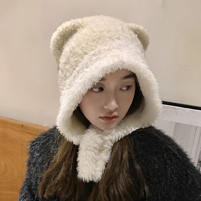 Cute Little Bear Children's Winter Thickened and Warm Ear Protection Plush Lace up Big Headband Knitted Woolen Hat_voghion.com