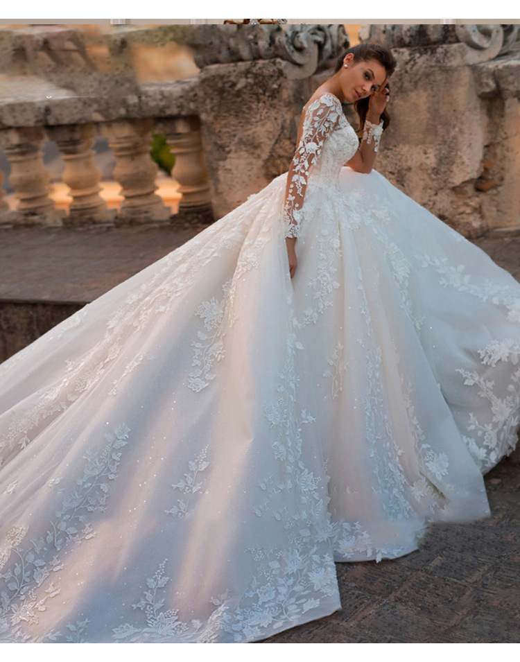 Vestido de novia para mujer, vestido de novia nuevo con escote en V y cola grande, vestido de novia retro sexy de tul con mangas largas_voghion.com