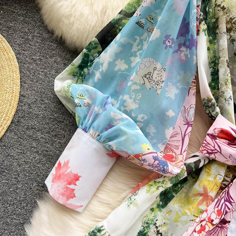 Women's Ins Lazy Holiday Style Loose Chiffon Printed Ruffled Pleated Dress With Large Hem_voghion.com