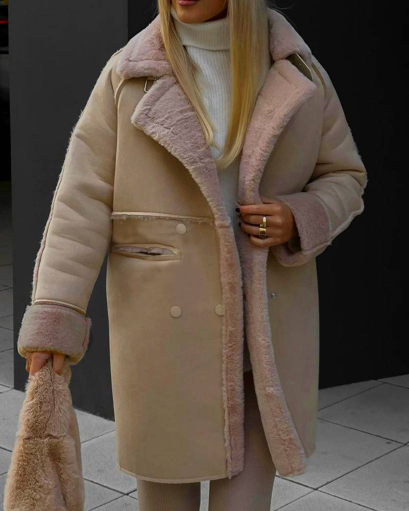 Damen-Strickjacke aus Wildleder mit Anzugkragen und langen Ärmeln und Plüschmantel_voghion.com
