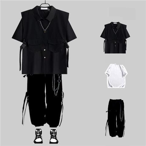 Herrenbekleidung Dunkle funktionelle Arbeitskleidung Herren Sommer lockeres Hemd Hip Hop Kurzarmhemd Set mit Weste Anzug_voghion.com
