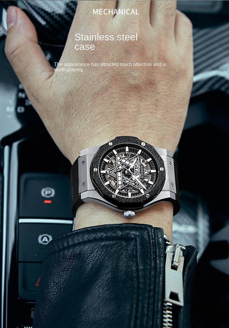 Orologio automatico ROERDUM Cyber Series Hexagram - Quadrante satinato, cinturino in vera pelle, movimento meccanico, orologio da polso da uomo alla moda_voghion.com