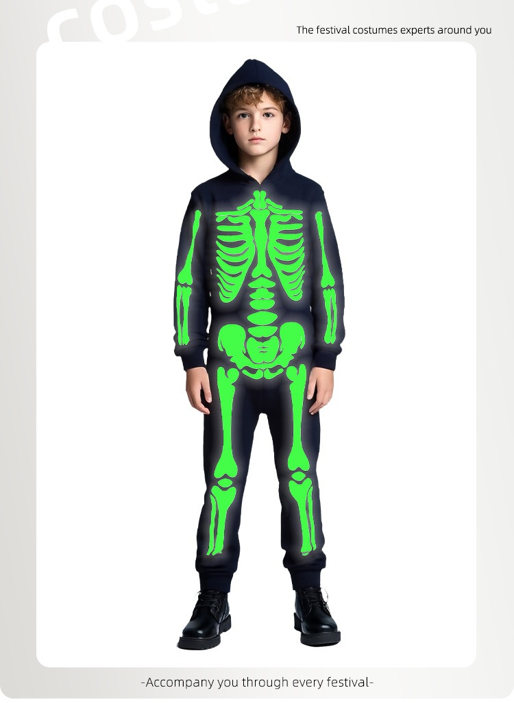 Halloween Kinderkostüm Totenkopf Skelett Weiß Leuchtendes Geisterkostüm Spiel Einteiliges Mit Kapuze Cos Kleidung Dekoration_voghion.com