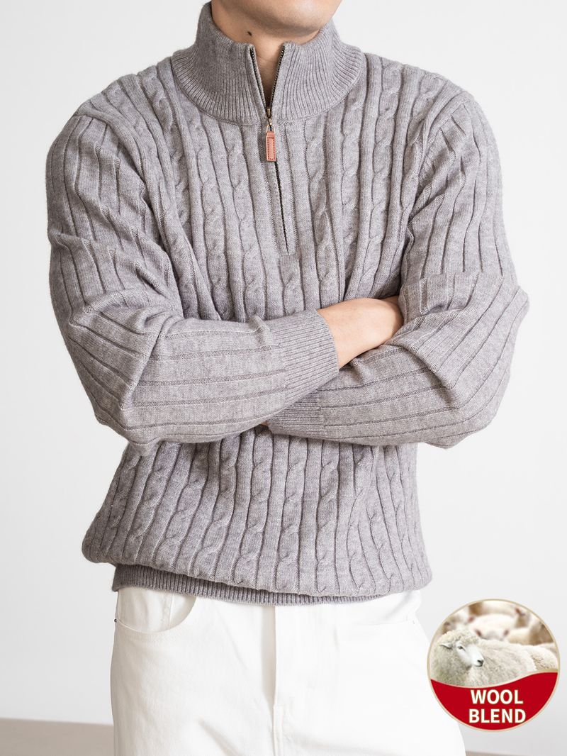 Men's Wool Blend Half-Zip Cable Knit Sweater, Autumn Winter Retro Warm Business Casual Knit Top_voghion.com