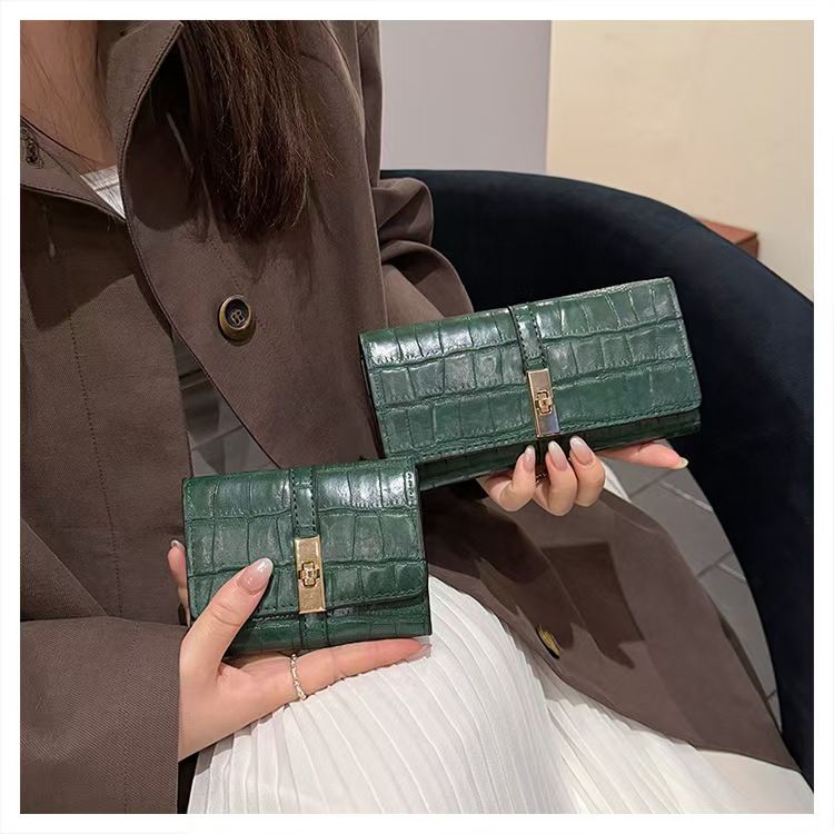 Portafogli da donna in pelle nera con chiusura a scatto, portafoglio lungo bifold in pelle, portafogli corti, portafogli mini_voghion.com