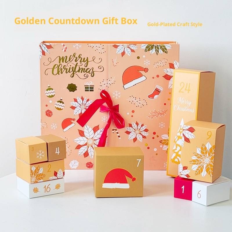 Christmas Advent Calendar Surprise Gift Box – Foldable Countdown Box (Orange & Blue, Gold Foil Accents)_voghion.com