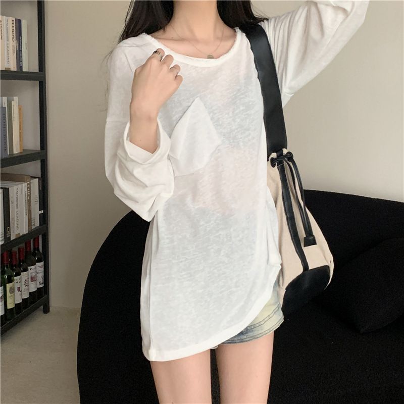 Camicetta primaverile con protezione solare per donna, maglietta a maniche lunghe in cotone di bambù sottile, strato di base bianco snellente casual ampio_voghion.com