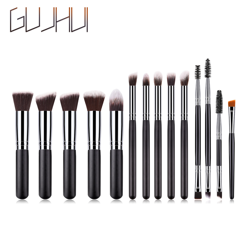 14-piece makeup brush set, black and silver, five big and five small, double-headed eyelash brush, makeup tools GUJHUI_voghion.com