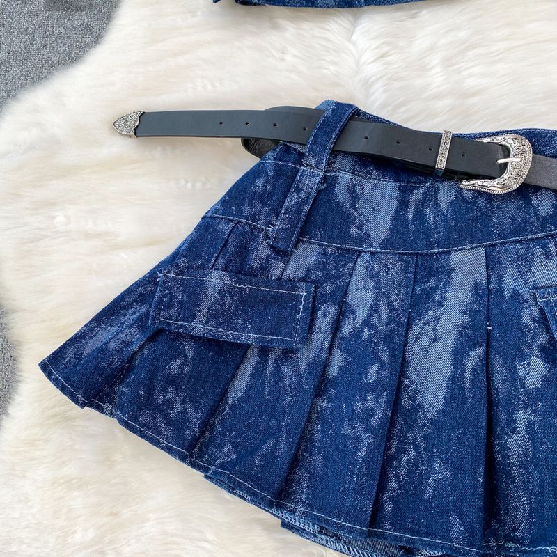 Abito in due pezzi con top in denim a tubino per ragazza hot stile donna, vita alta, dimagrante, minigonna a pieghe a trapezio_voghion.com