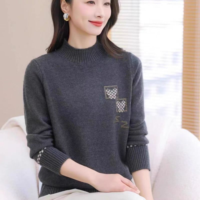 【Cashmir Family】 Halvhög hals, kort yllebas för medelålders kvinnor och mödrar, löst stickad tröja i innerlager_voghion.com