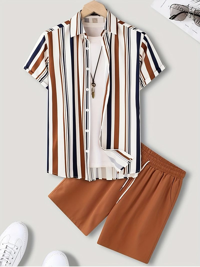 Men's Striped Short-Sleeved Shirt Loose Casual Short-Sleeved Men's Casual Suit _voghion.com