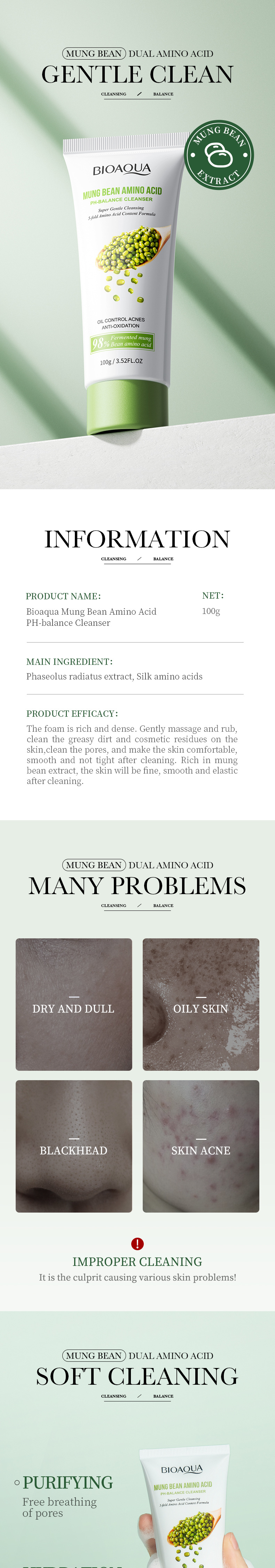 BIOAOUA Detergente viso delicato per la pulizia profonda degli aminoacidi dei fagiolini con PH bilanciato_voghion.com
