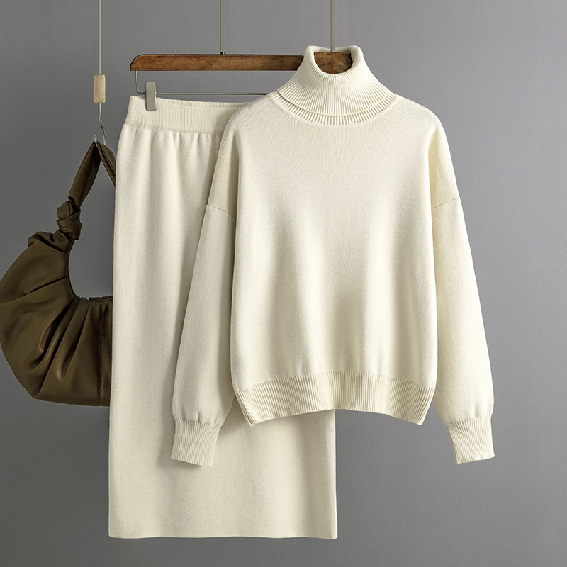 Women's clothing Solid color turtleneck sweater half-body hip-hugging skirt two-piece set knitted suit for women_voghion.com