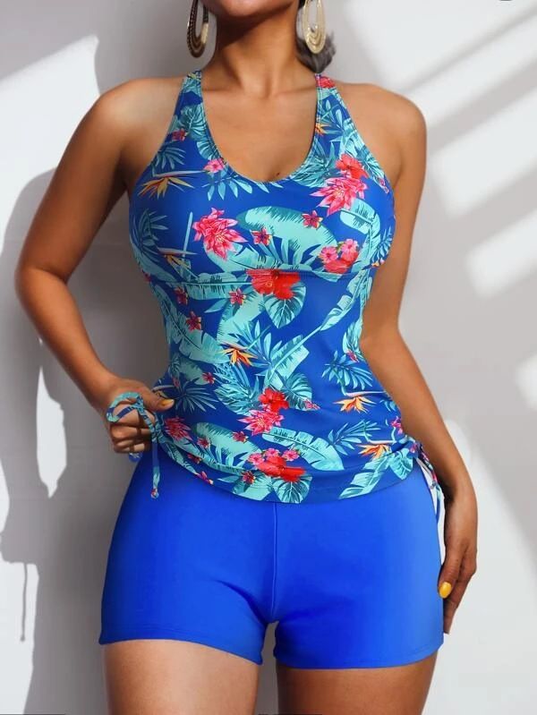 Damenbekleidung Sexy Zweiteiliger Bikini Tankini Hohe Taille Boxershorts Blumen Badeanzug Einfarbig Badeanzug_voghion.com