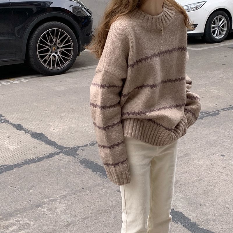 Japanese Retro Striped Knit Sweater Women's Loose Fit Long Sleeve Turtleneck Pullover - Soft Comfortable Chunky Knit Casual Top_voghion.com