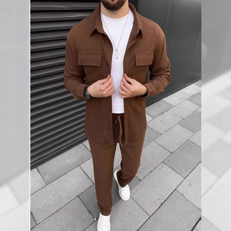 Herrenbekleidung Border Spring New European and American Herren Cord Langarm Revers Hemd Hose Täglich Casual Anzug_voghion.com