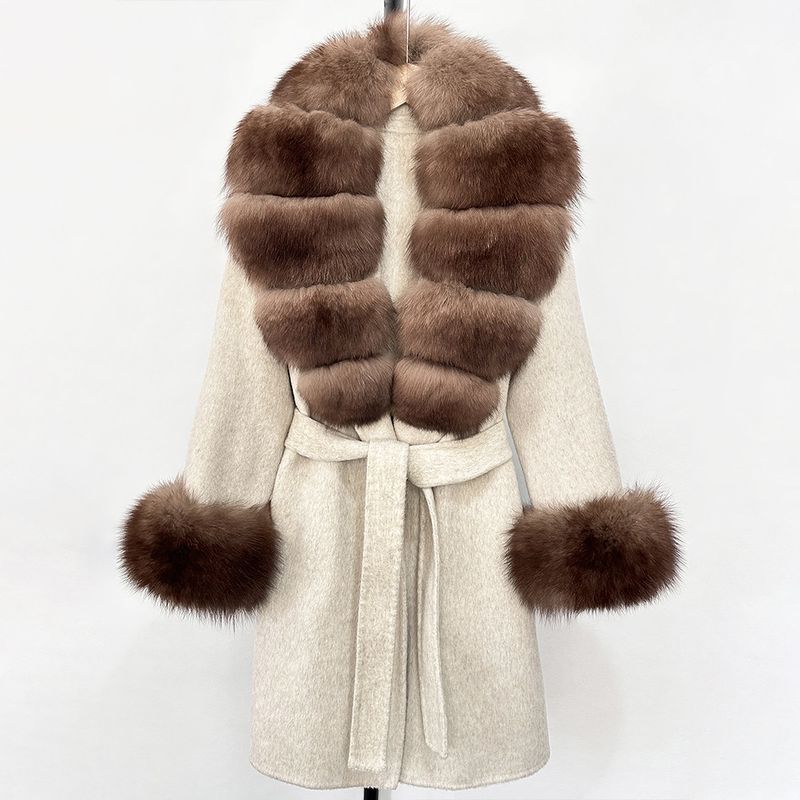 Women's Long Wool & Cashmere Coat With Real Fox Fur Collar - Double-Faced Winter Trench Coat, Slim Fit Belted Dressy Outerwear, Elegant Overcoat (S/M)_voghion.com