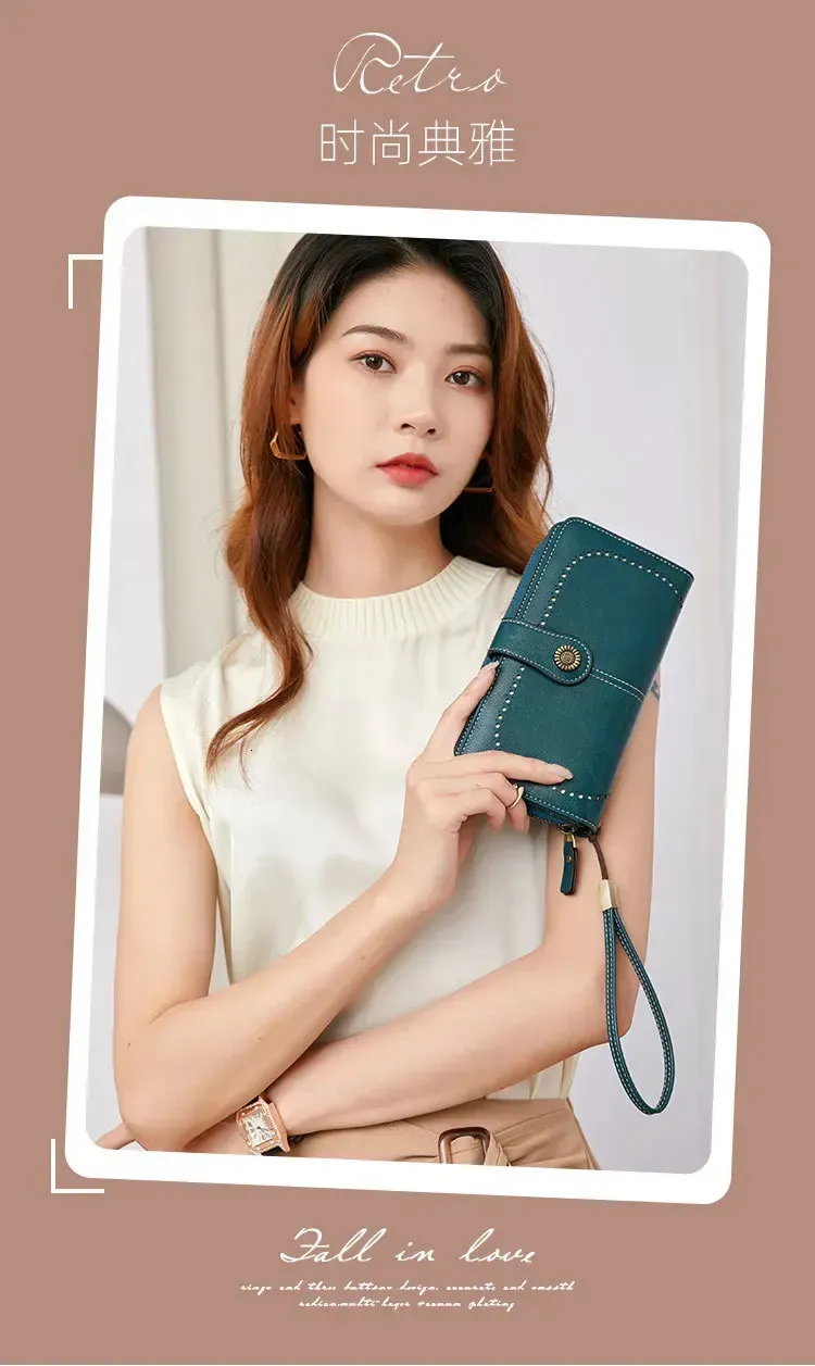 Lange Geldbörse, angesagte Geldbörsen für Damen, geräumige Lederclutch mit RFID-Diebstahlschutz und Kartenhalter_voghion.com