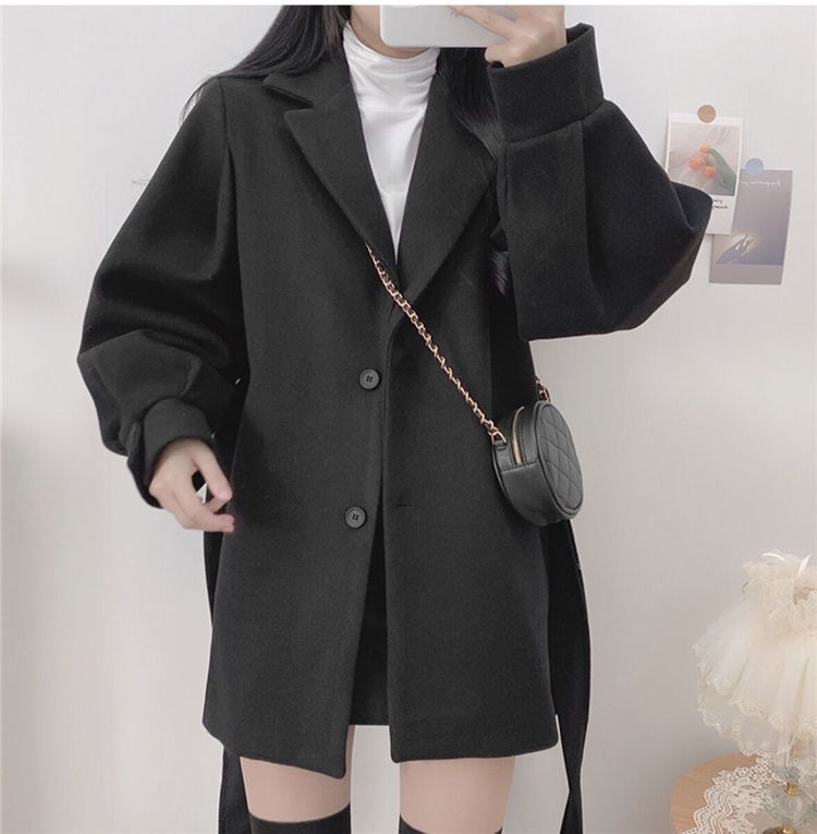 Hepburn style waistband woolen coat for women in autumn and winter 2023, black strappy woolen coat, thickened coat_voghion.com