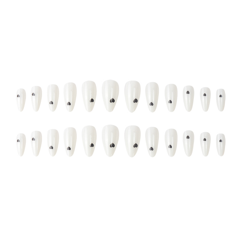 Elegante mandelförmige Press-On-Nägel mit Herz- und Wassertropfen-Designs – minimalistischer Stil in Weiß und Schwarz – Optionen zum Kleben und Aufkleben_voghion.com