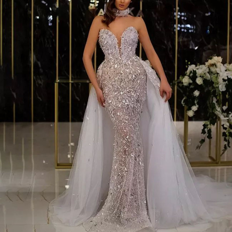 Women's party Gown sequined fishtail sleeveless long style elegant mesh dress_voghion.com