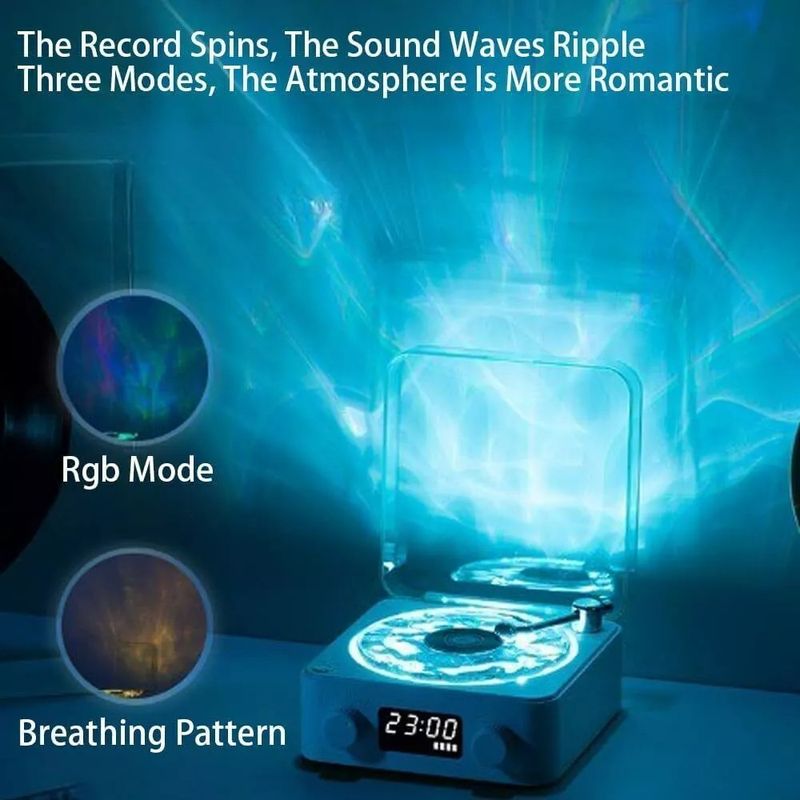 2024 Neuer Retro-Plattenspieler-Lautsprecher mit weißem Rauschen, kabelloser Bluetooth-Schallplattenspieler, Stereo-Sound, RGB-Projektion_voghion.com