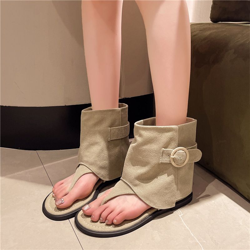Canvas Lace-Up Sandals For Women, Summer 2025 New Flat Open-Toe Hollow Out Boots_voghion.com